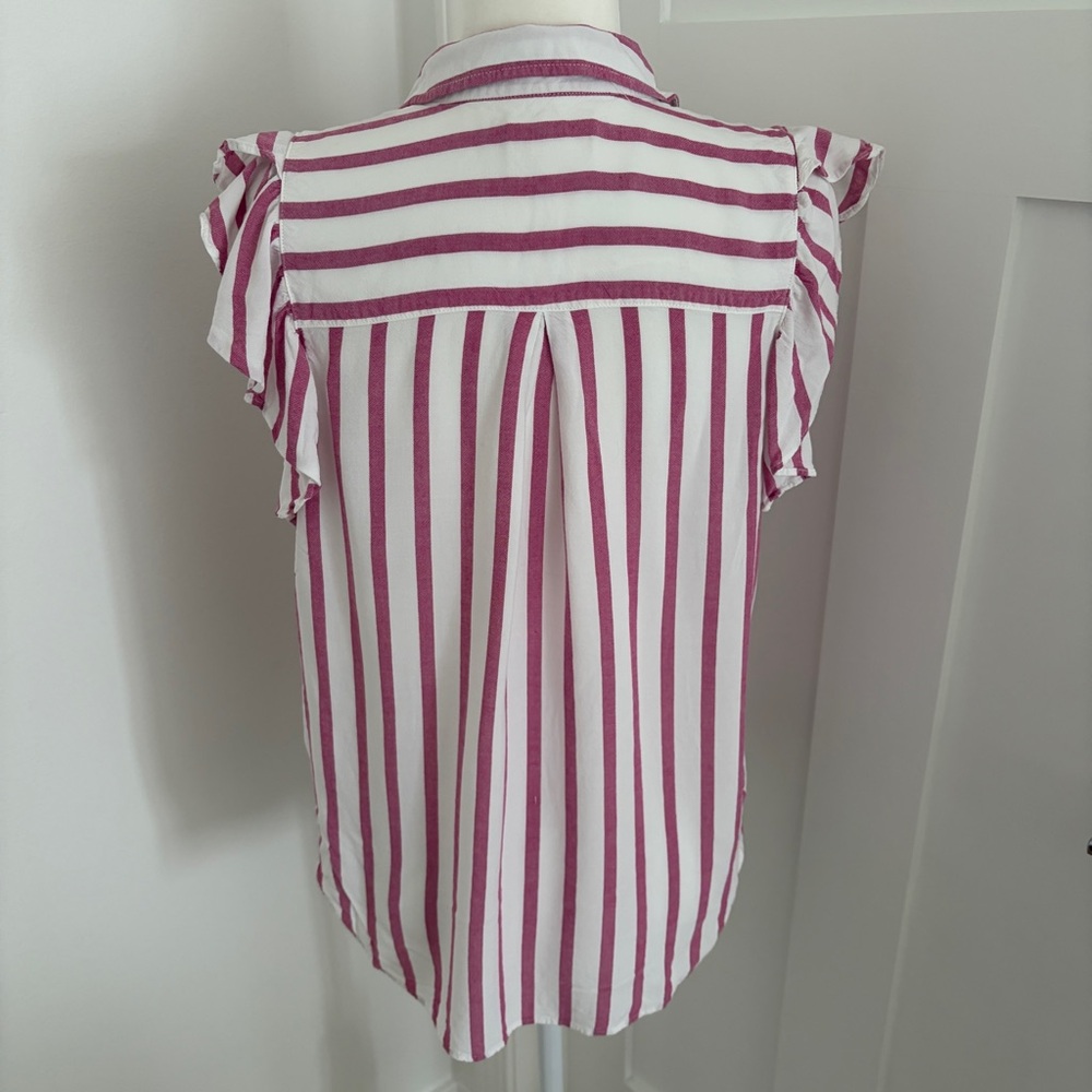 Maeve Anthropologie Striped Ruffle Sleeve Blouse Pink White Button Front M*U25 - Picture 2 of 3